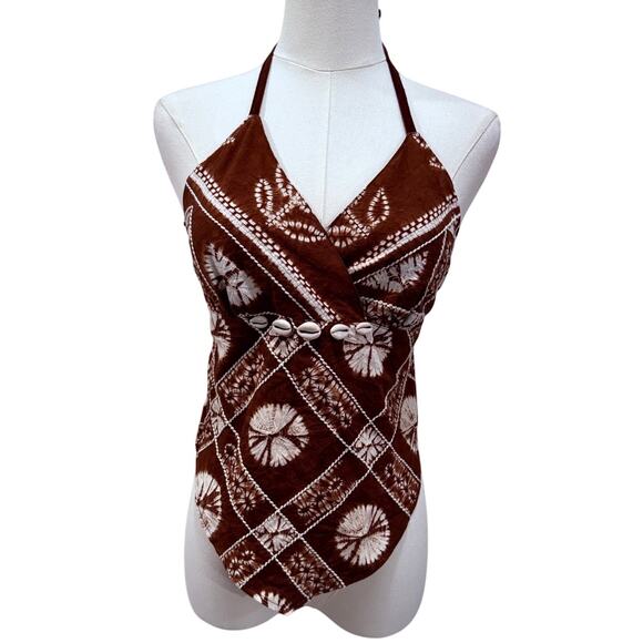 Brown Halter Top Tie Dy Cowrie Shells Small Boho Beach Festival Y2K Tropical - Picture 1 of 5